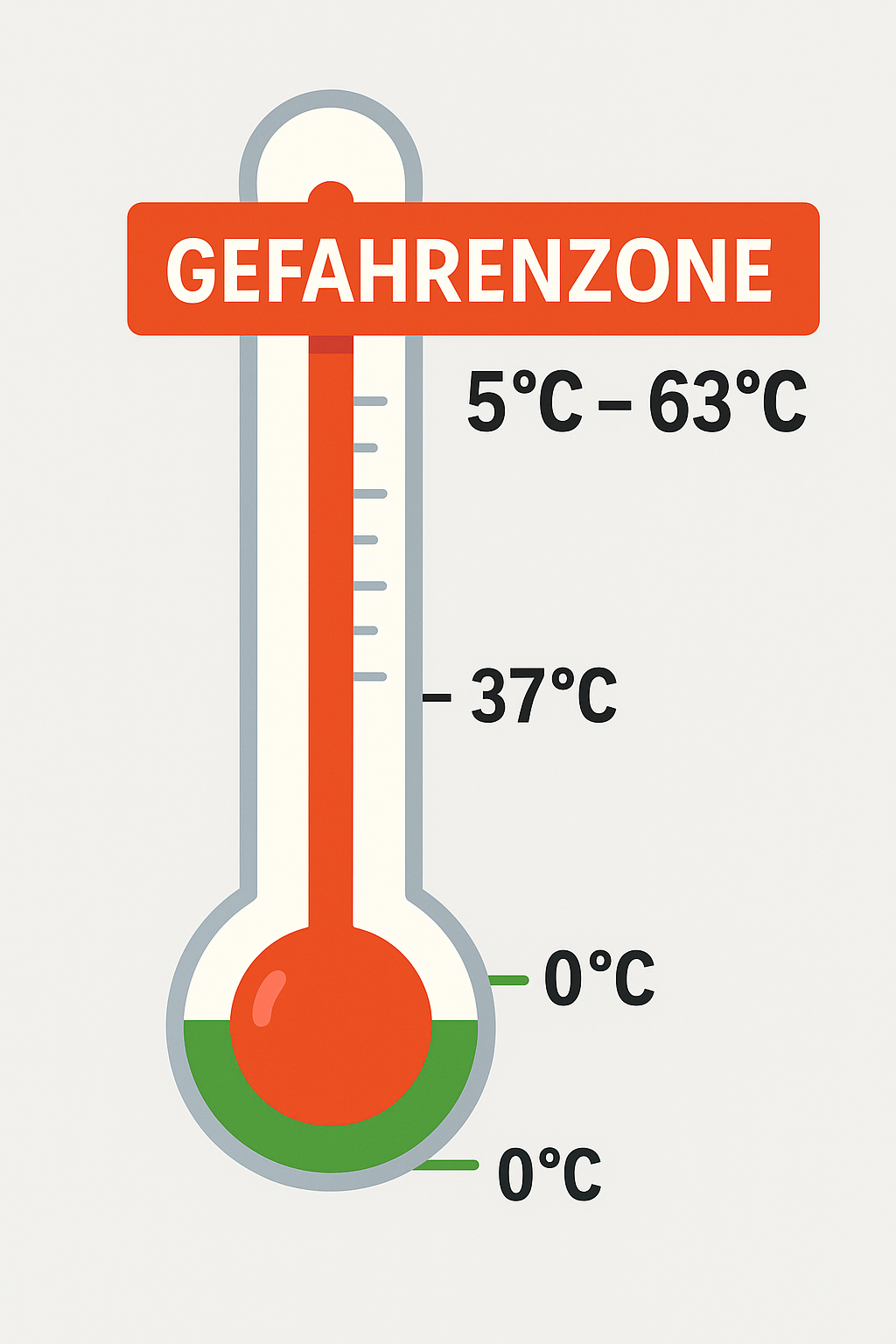Bakterienwachstum zwischen 5 °C und 63 °C sowie Kälte-/Tiefkühlbereiche