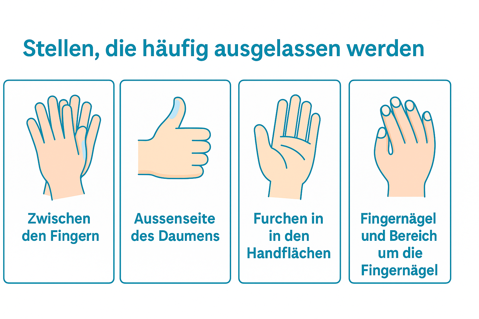 Händewaschen übersehene Bereiche: Zwischen den Fingern, Daumenaussenseite, Handflächenfurchen, Fingernägel