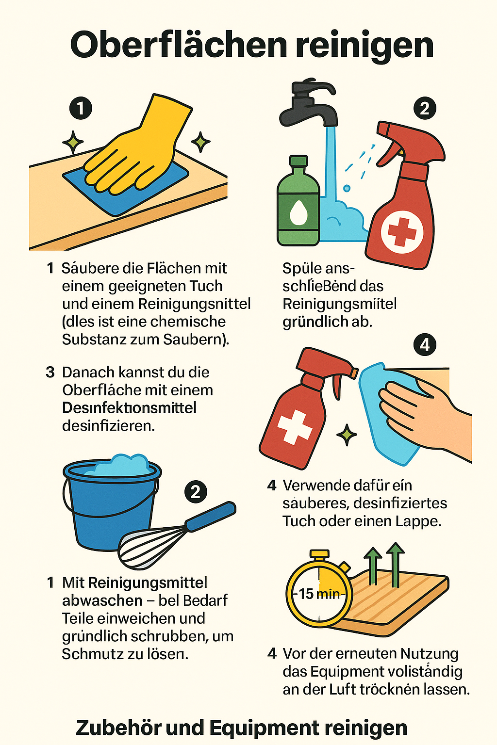 Oberflächen sowie Zubehör und Equipment korrekt reinigen
